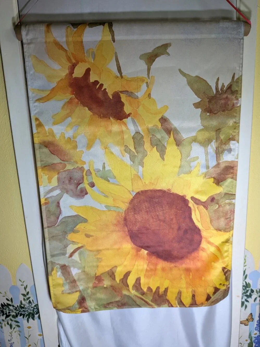 Vtg 1992 Judy Buswell Sunflower House Banner Flag Fall Watercolor Large 35x23.5